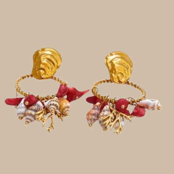 New ANTHRO Gold Stainless Steel and Red Coral Conch Shell Dangle Earrings - Picture 2 of 10